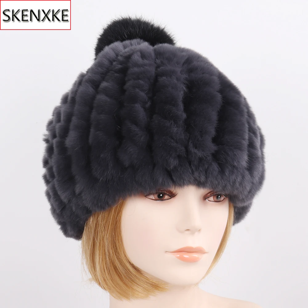 

Lady Real Rex Rabbit Fur Hat And Rabbit Fur Pompoms Women Natural Rex Rabbit Fur Cap Winter Knitted Real Rabbit Fur Beanies Hats