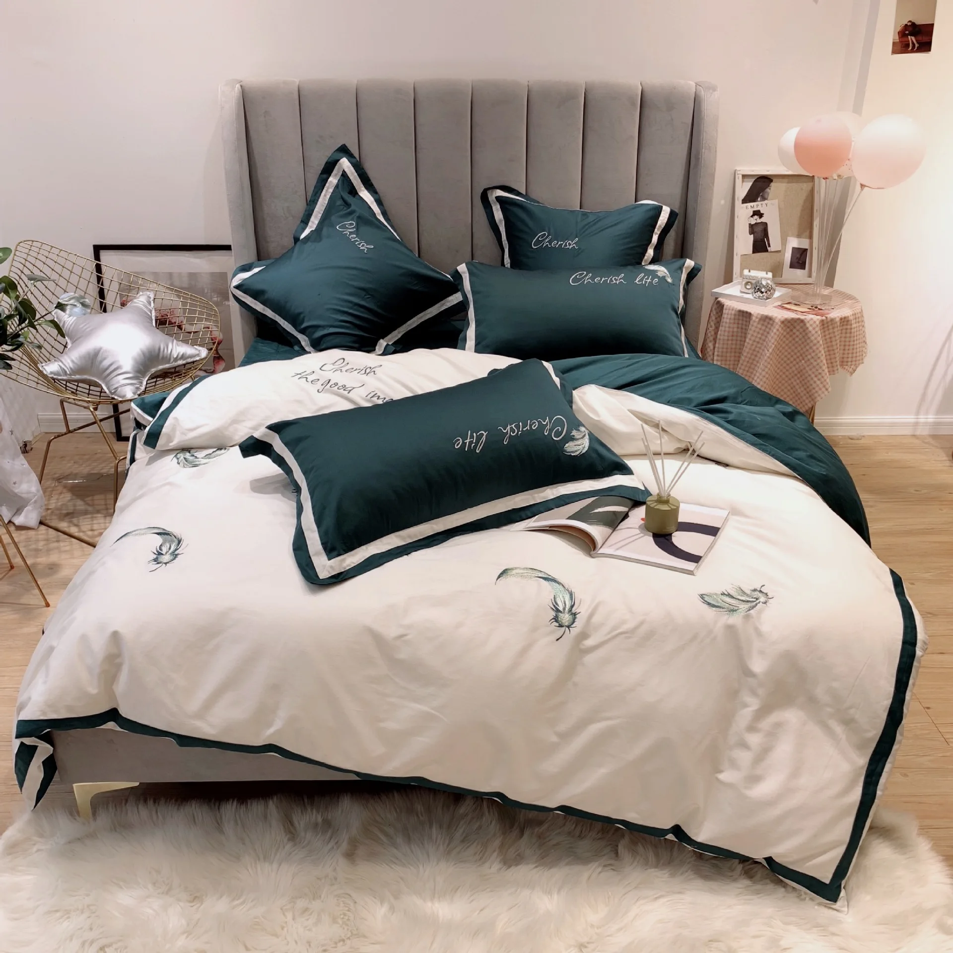 

1904027 Hot 60 Egyptian long-staple cotton pure cotton embroidered feather quilt set of cotton bedding queen bedding set