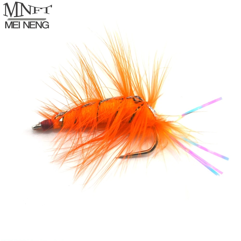 MNFT 4Pcs Orange Shrimp Saltwater Bait Fish Flies with Rainbow Flashabou Tail Artificial Trout