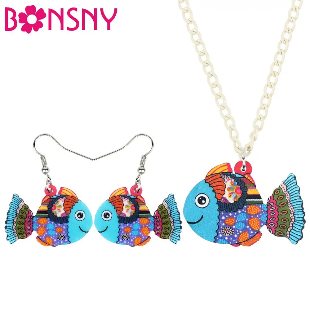 

Bonsny Acrylic Jewelry Set Elegant Cute Anime Fish Necklace Earrings Fashion Colorful Pendant For Women Girls Lovers Gift NE+EA