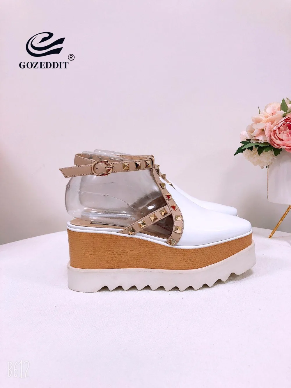 

GOZEDDIT Rivets Women Sandals Buckle Ankle Strap Genuine Leather Wedges Shoes Fashion Oxford Leather Creeper