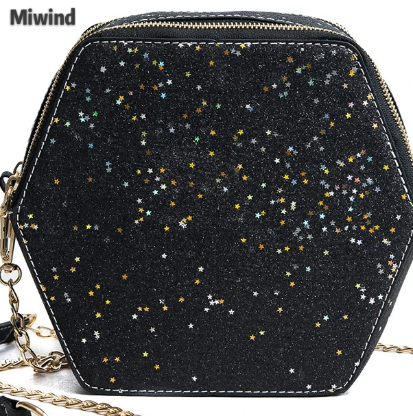 PentagramFiveStarMessengerBagChainPULeatherWomenHandbagElegantGlitterCrystalTote