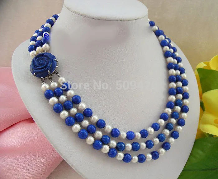 

Stunning 3rows 7-8mm round white freshwater pearls blue lapis lazuli necklace