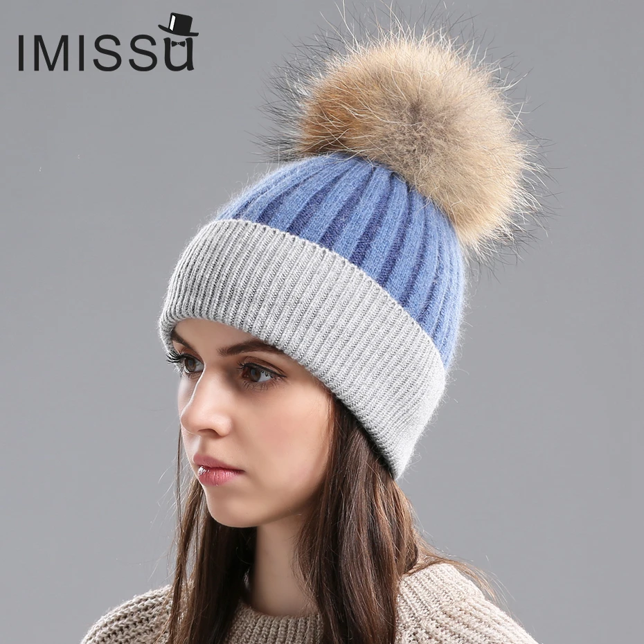 Женская зимняя шапка с помпоном из натурального меха енота|pom pom hat|pom hatswinter hats for