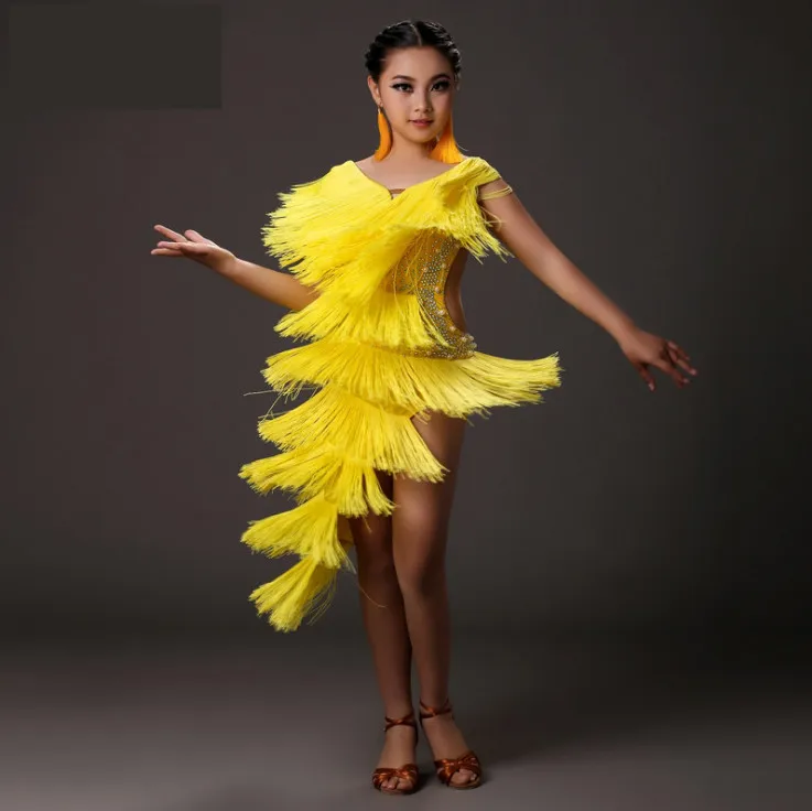 

yellow sequins tassel kids latin dress pink modern dance dress for girls dance competition salsa rumba dress latin dance dress