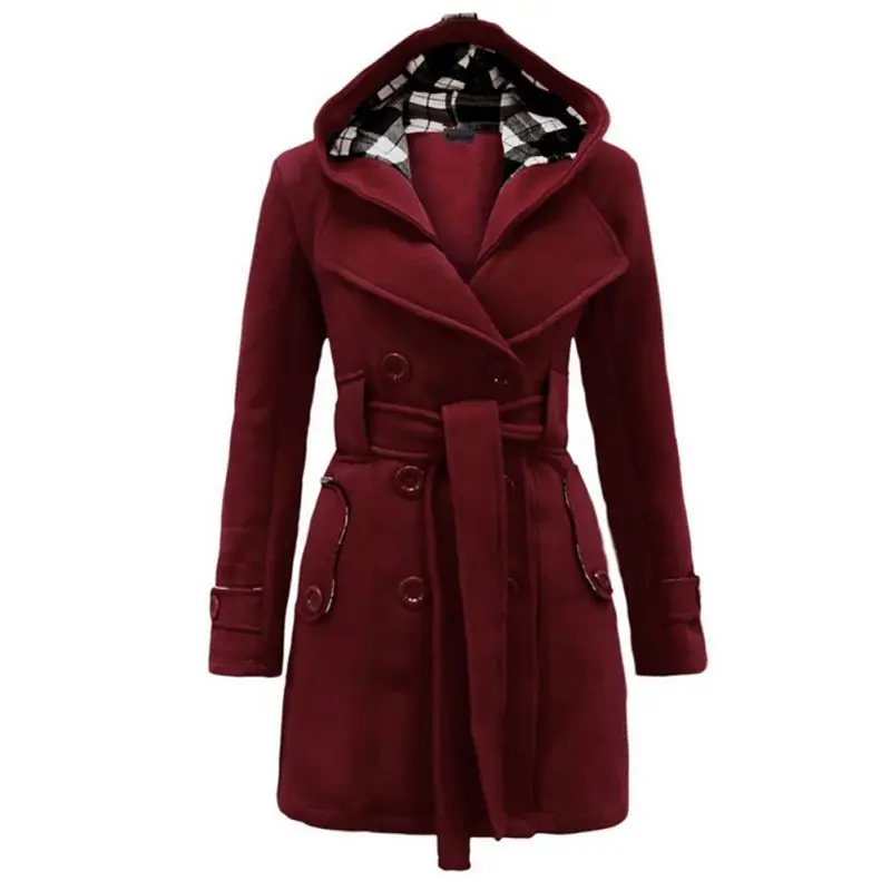 

Autumn Winter women's long coat Plaid Slim hooded double-breasted long coat with belt large size