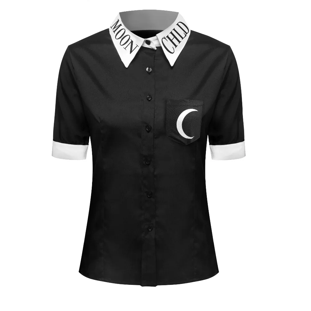  Gothic Blouse Black Moon Child Print Short Sleeve Loose Casual Female Shirts Plus Size S-5XL Darkne