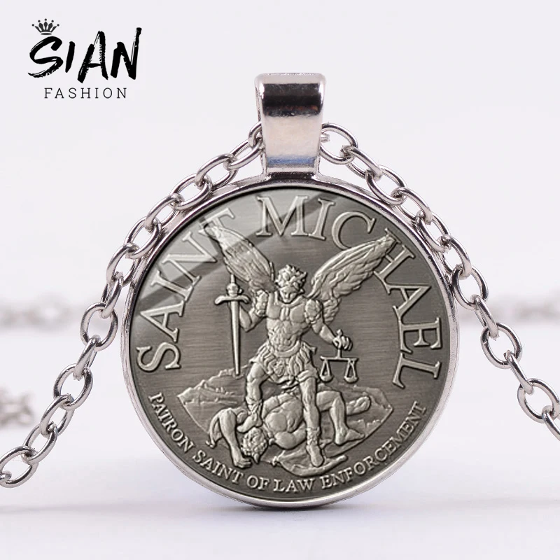

SIAN Archangel St Michael Saint Necklace Protect Me Saint Shield Protection & Justice Statement Necklace Russian Orhodox Pendant