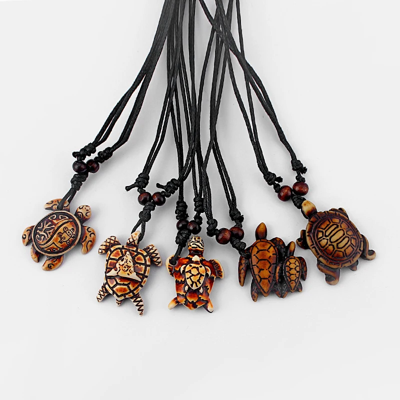 

5pcs Mixed Styles Ethnic Tribal Brown Faux Yak Bone Sea Turtle Surfer Pendants Necklace Black Wax Cotton Cord Adjustable