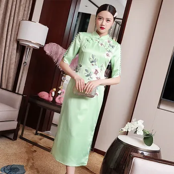 

Dress Women Vintage Elegant sexy Spring Summer Flower Embroidery Stand Collar half sleeve Buttons Split Long Dress