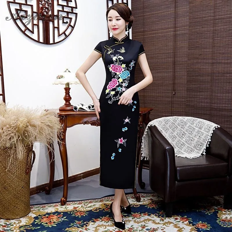 Чино традиционное vestido negro Cheongsam larga vestidos Chinoise madre Qi Pao bata Восточное винтажное vestido talla Plus Qipao