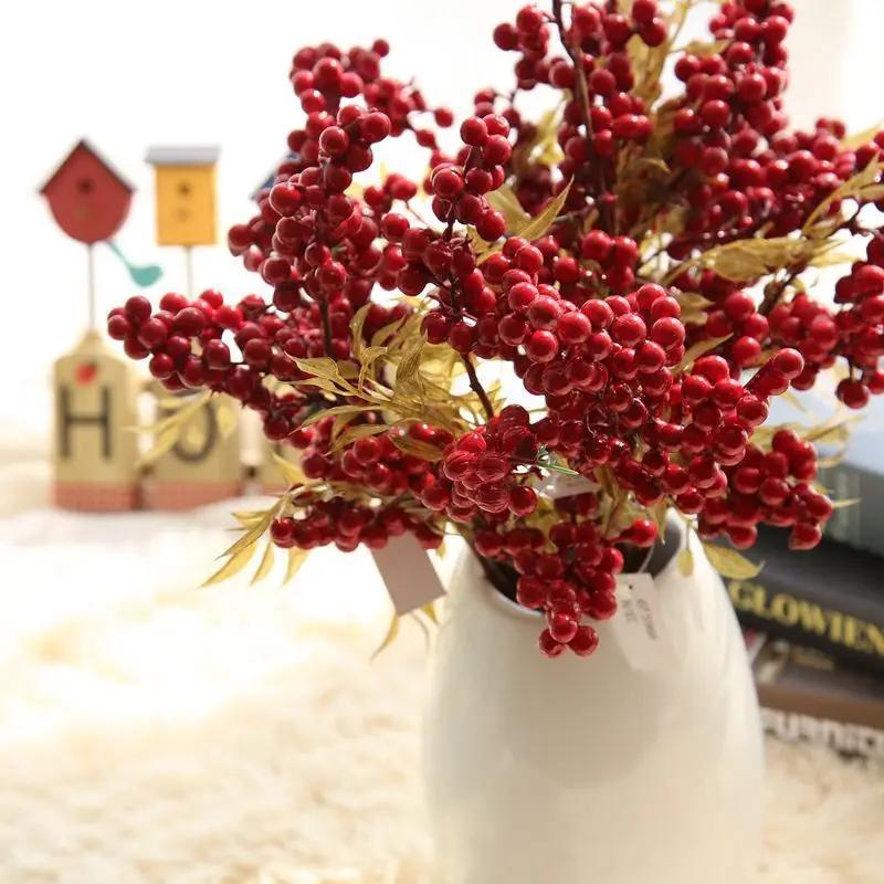 Рождественские искусственные ягоды, ветка PE, искусственные цветы, ягоды, декоративные пластиковые листья, красные ягоды, растение для дома, Новогоднее украшение