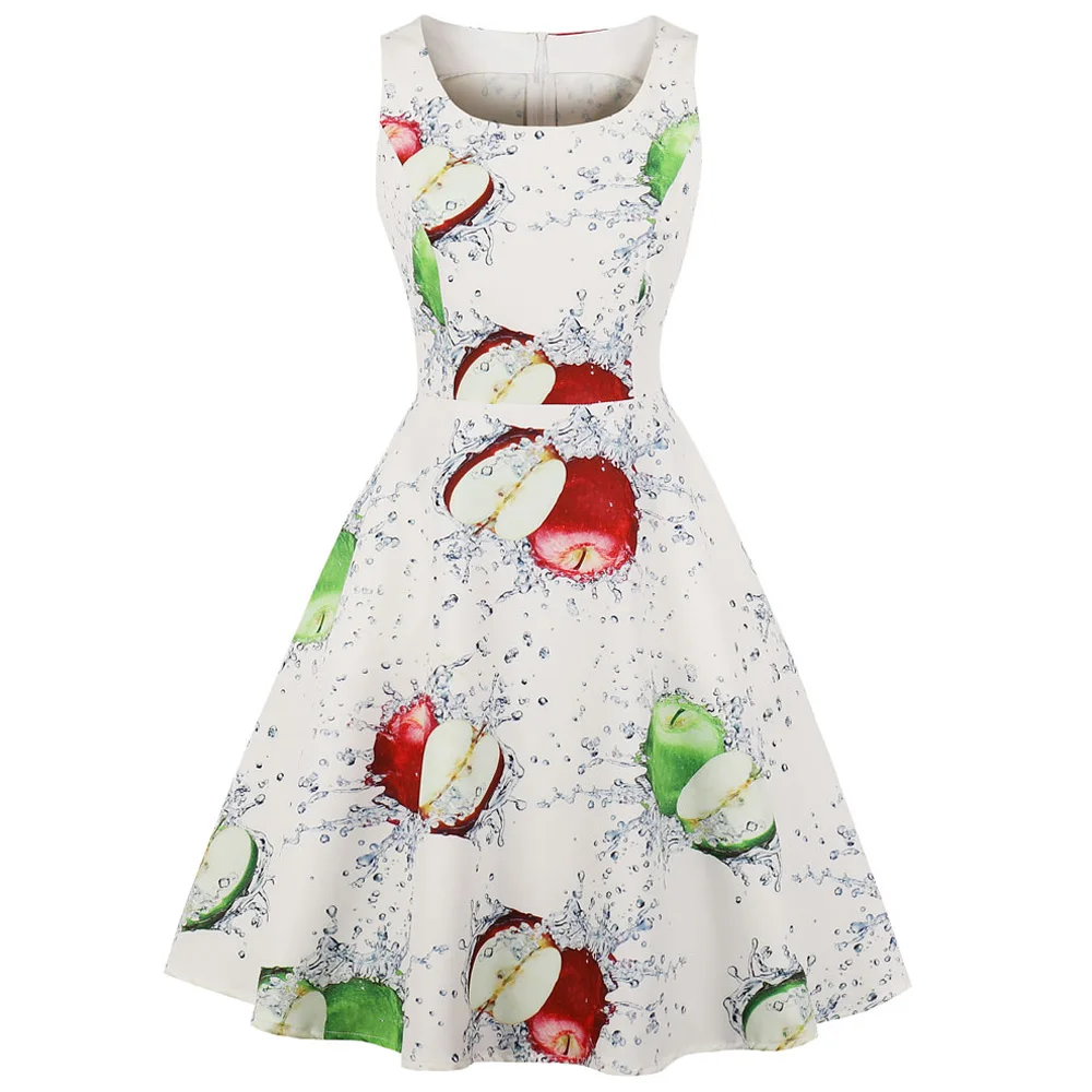 

Plus Size Apple Fruit Print Summer Vintage Dress Sleeveless High Waist A Line Party Vestidos Women 60s Swing Retro Dress