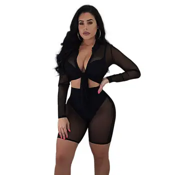 

Women Turn down Neck Long Sleeve See-Through Sheer Mesh Fishnet Crop Top T-Shirt and Shorts Set Beachwear Cover-Ups