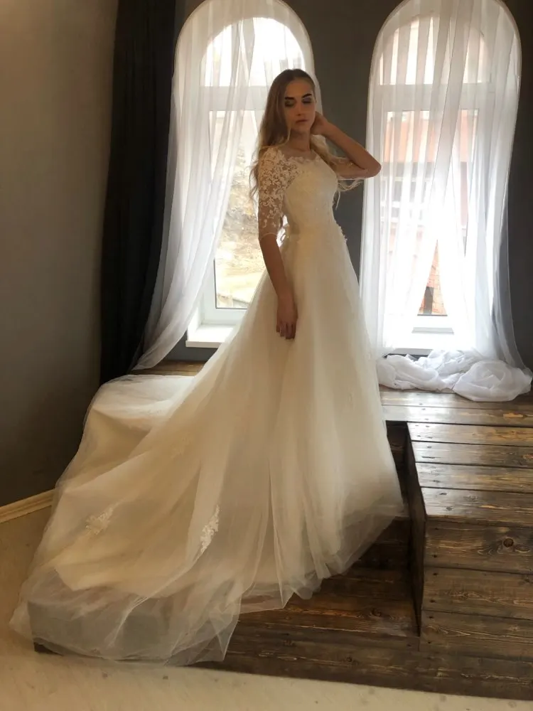 Новое поступление модное простое 100 см длинное платье с шлейфом Vestido De Noiva три четверти Свадебные платья Тюлевое кружевное платье для невесты