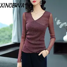 Американский осень весна Для женщин модные свободные сексуальные V шеи Bling Горячая футболка Топы женские элегантные футболки 6y6a