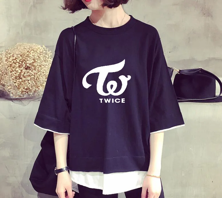 

2018 new kpop twice summer Korean version Solid color fake two K-POP JUNGYEON Women's short-sleeved T-shirt