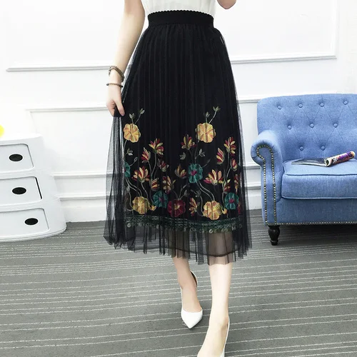 Летняя сетчатая трапециевидная юбка-пачка с цветочной вышивкой Женская открытая длинная Плиссированная Изысканная элегантная женская юбка для вечеринок - Цвет: Черный