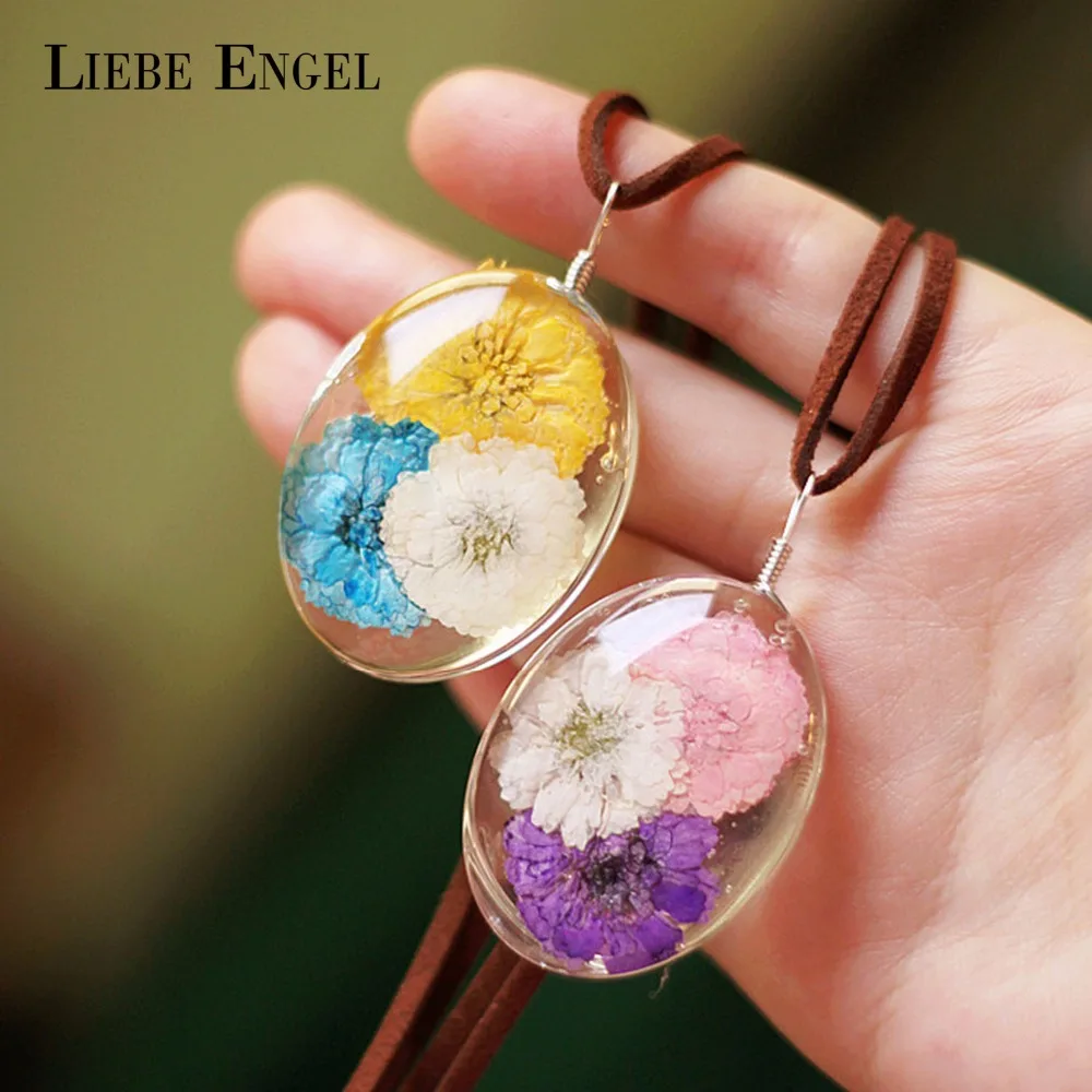 

LIEBE ENGEL Real Hibiscus Dried Flower Glass Pendant Necklace Sweater Chain Long Statement Necklace For Women Rope Chain 2018