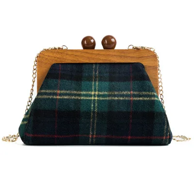 

New Handbag Woolen Women bag Lady Clamp Shoulder bag Shells Messenger Female bag lattice Plaid Bamboo Acrylic shoulder strap