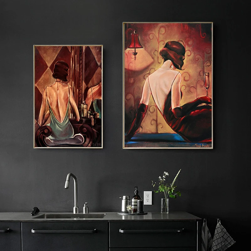 European Decorative Paintings Woman In Cafe Coffee House Posters Restaurant Retro Decor Music 