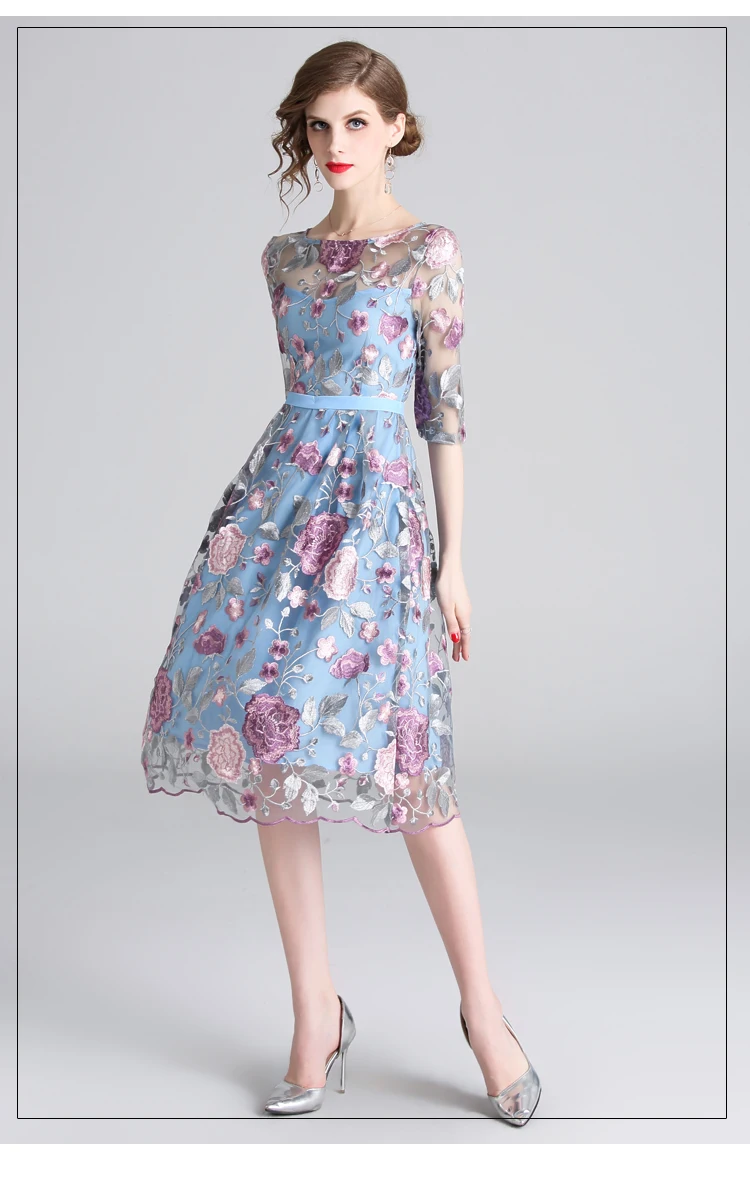 BunniesFairy/ летнее богемное платье в стиле бохо с цветочной вышивкой, прозрачное Сетчатое платье трапециевидной формы, голубое платье