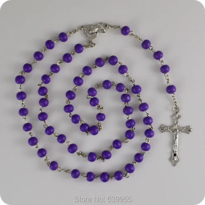 

15x Purple Wood Rosary Beads INRI JESUS Cross Crucifix Pendant Necklace Blessed Virgin Mary Catholic Fashion Religious jewelry