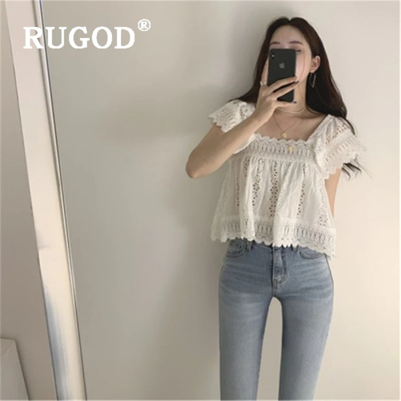 Женская винтажная блузка RUGOD белая открытая в Корейском стиле короткий рукав