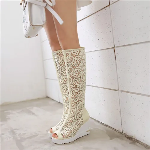 

2017 Summer Designer Gladiator Sandals Woman Mesh Cut Out Wedge High Heel Platform Knee High Boots Sandals Shoes Peep Toe Zip