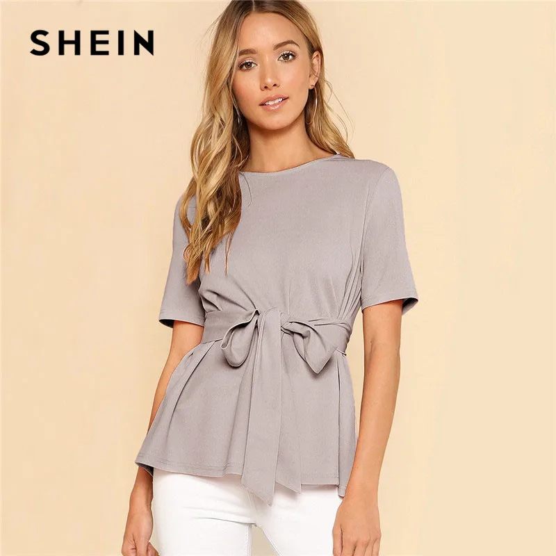 SHEIN Однотонная Блуза С Поясом Женские Летние Элегантные Блузки С Коротким Рукавом