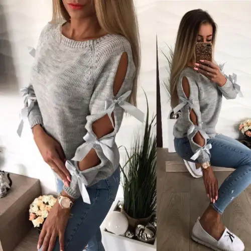

Winter Women Sweaters And Pullovers Knit Tops Hollow Out Bow Women Long Sleeve Sweaters And Tops Casual Ladies Pullover Sweater