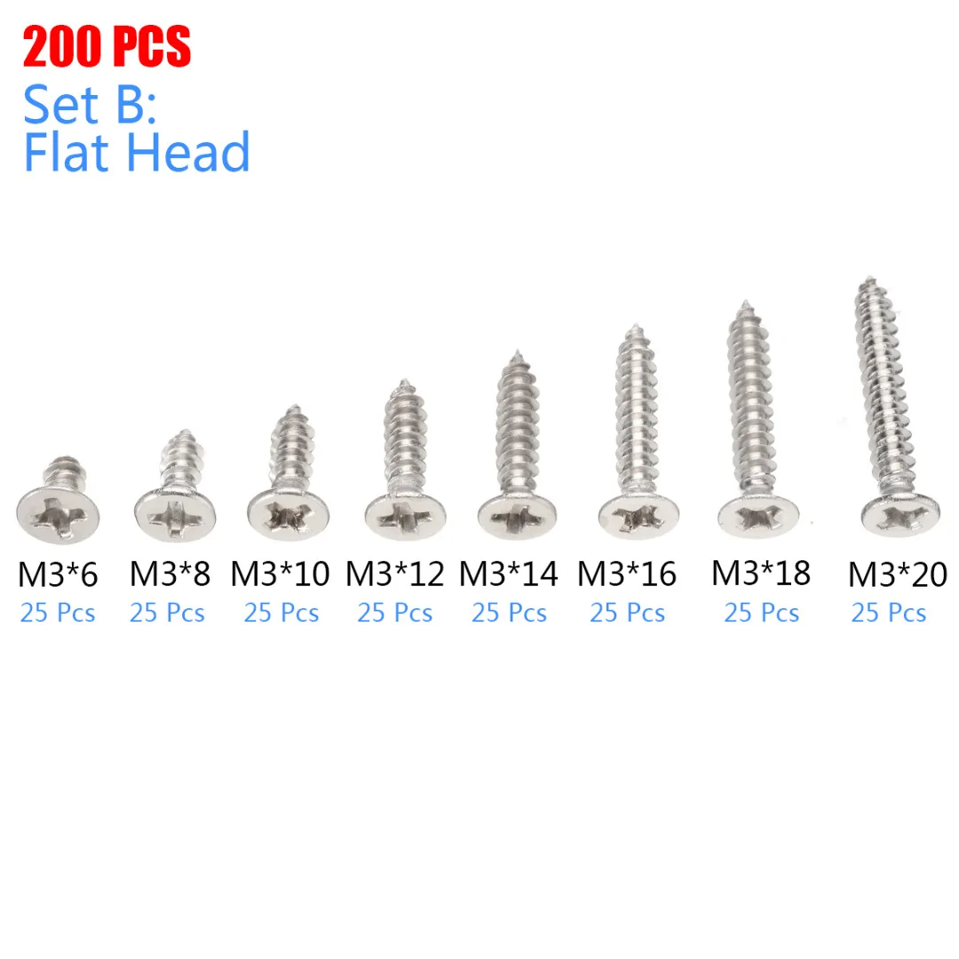200pcs New M3 Self Tapping Screws Stainless Steel Pan Flat Head Self-Tapping Screws 8 Sizes Assortment Kits