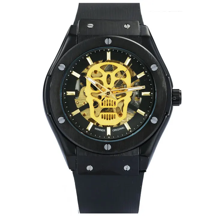 Модные мужские спортивные часы с черепом, автоматические Золотые механические часы с резиновым ремешком в стиле хип-хоп, роскошные брендовые наручные часы - Цвет: BLACK GOLD