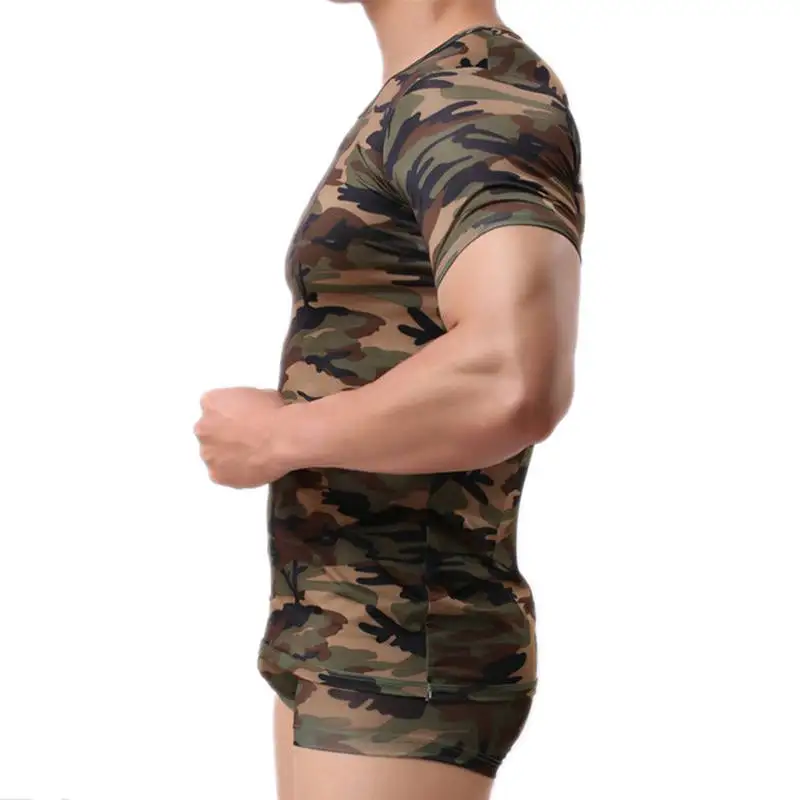 Мужские камуфляжные футболки с коротким рукавом с круглым вырезом Тонкие плотные спортивная нижняя рубашка дышащие камуфляжные Бодибилдинг эластичный костюм топы