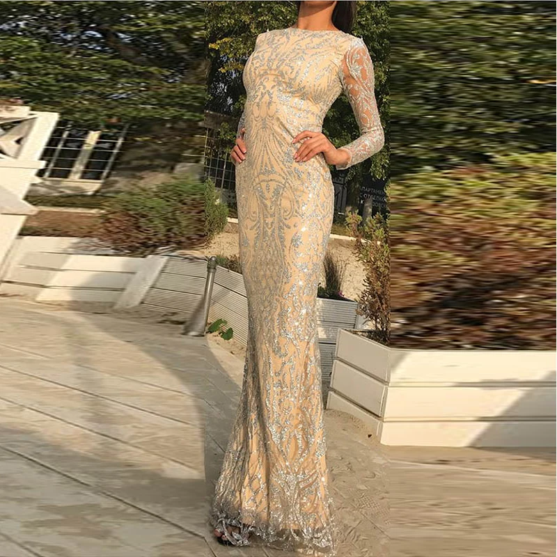 

Elegant Glitters Full Sleeved Bodycon Party Dress Back Zipper O Neck Floor Length Dress