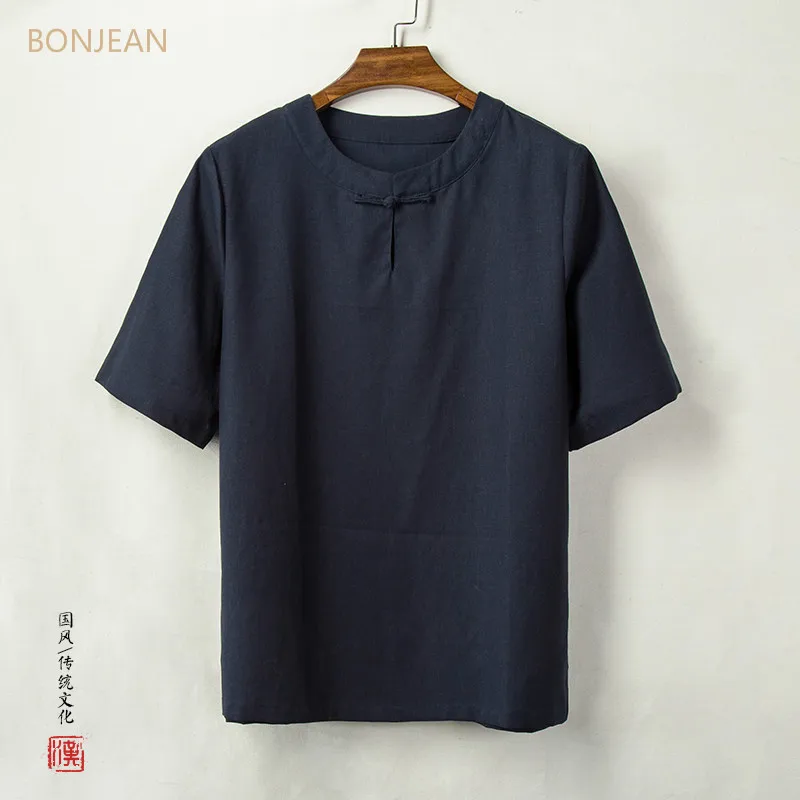 

BONJEAN Summer 2019 New Chinese Style Men's Clothing Cotton and Hemp Short Sleeve T-shirt Pure Color Short Sleeve Japanese Style