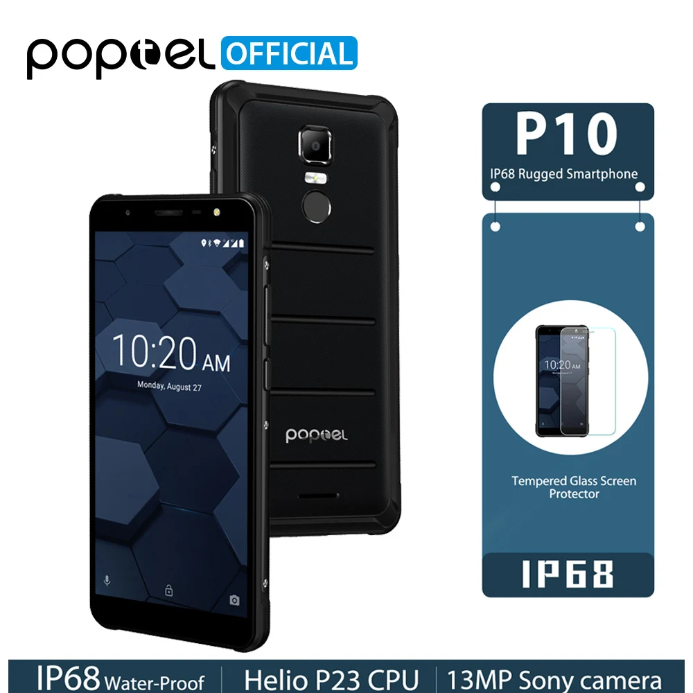 POPTEL P10 Helio P23 Android 8 1 IP68 прочный телефон 5 дюймов 4 Гб 64 Восьмиядерный 13 МП отпечаток
