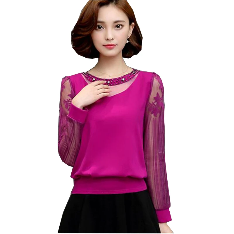 

Women Lace Chiffon Blouse New Autumn Fashion Woman Lace Diamonds Shirt Casual Long Sleeve Women Shirts Tops Plus Size 3XL