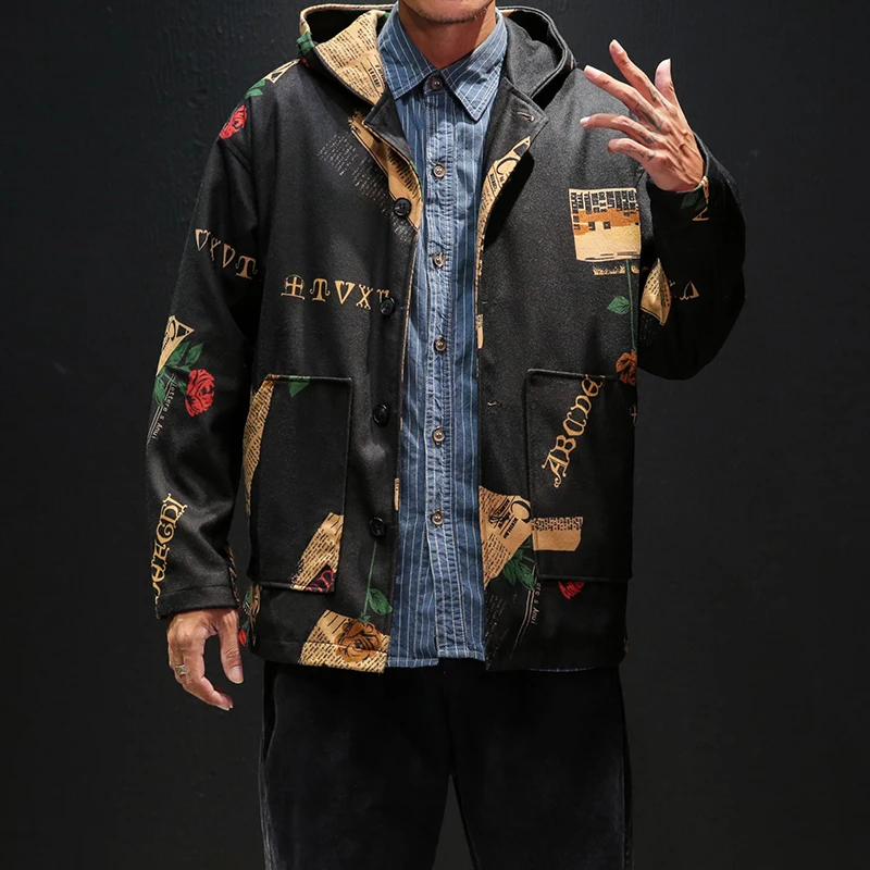 Hooded Bomber Jackets Men 2019 Spring Streetwear Mens Jackets Floral Printing Windbreaker Vintage Man Outwear