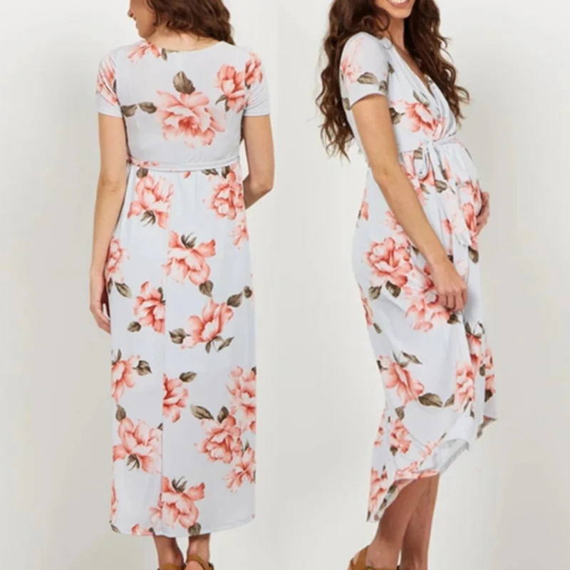 Платье для беременных с v-образным вырезом и коротким рукавом, летнее Повседневное платье с цветочным принтом