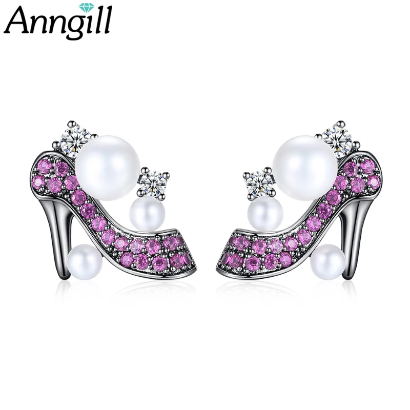 ANNGILL New Fashion Cute Heels Shoe Earrings For Women Red Zircon Imitation Pearls Gun Black Rhodium Plated Brincos Wholesale