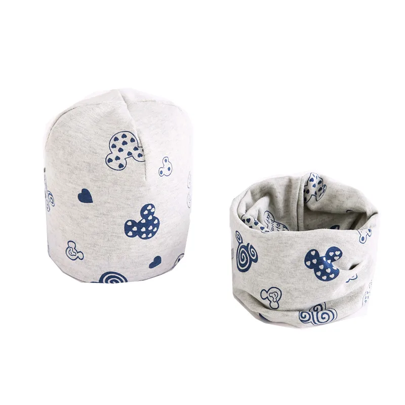 Весенне-осенний хлопковый Детский набор из шапки и шарфа для мальчиков и девочек, мультяшный принт, шапка, нагрудники, детская шапка, шарф-воротник, комплект, шапка для малышей