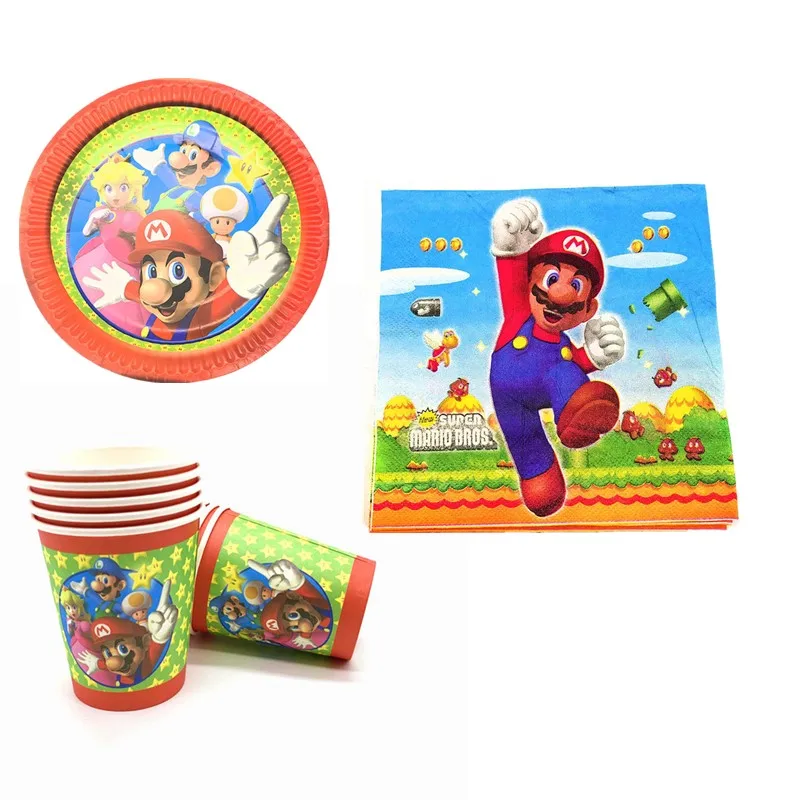 

60pcs/lot Baby Shower Super Mario Theme Happy Birthday Party Decoration Napkins Tableware Set Plates Cups Events Dishes Glass