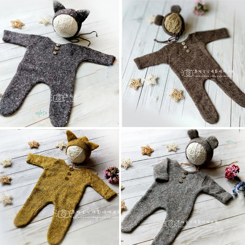 Comprar Accesorios de fotografía para recién nacidos de punto de ganchillo mameluco + sombrero 2 uds conjunto de accesorios de fotografía para niños pequeños sesión de fotos de estudio