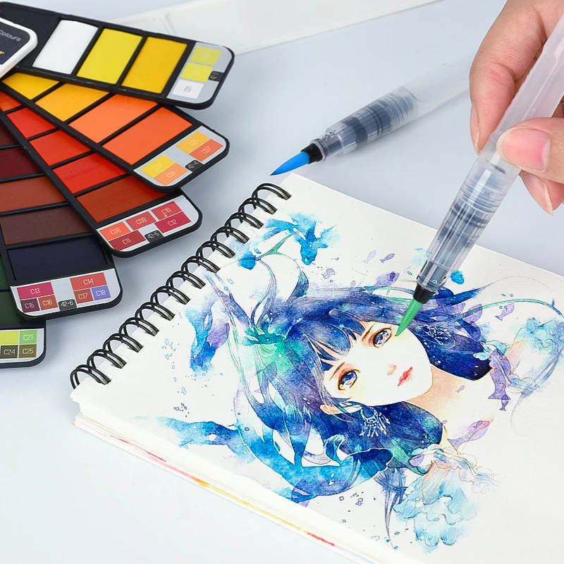 Aquarela com Waterbrush para Desenho Cores Pigmento Tintas Conjunto Sólido Pintura Aquarelas Terno Dobrável 18 - 25 33 42 2 Water Color
