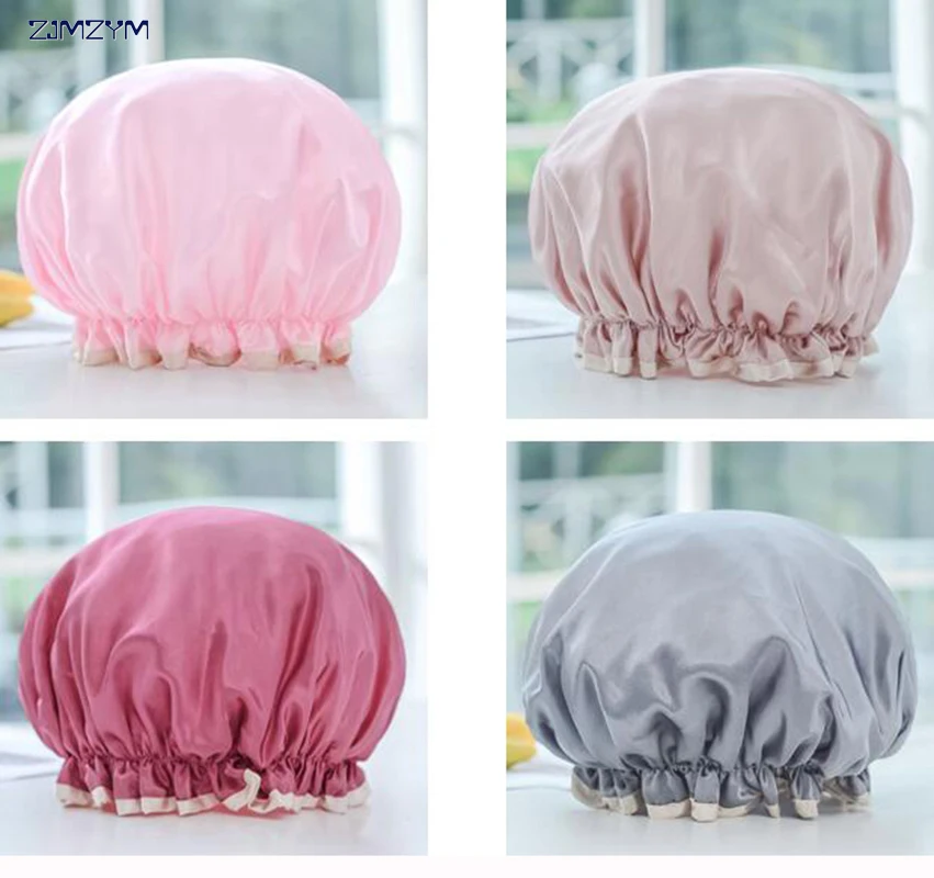 

1pc Lovely Thick Women Shower Satin Hats Colorful Bath Shower Caps Hair Cover Double waterproof Bathing Cap Wholesale