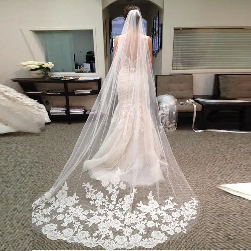 

Velos De Novia 2017 Hot Sale 3m Tulle Appliques Wedding Accesories Bridal Veils White/Ivory Cathedral Wedding Veil With Comb