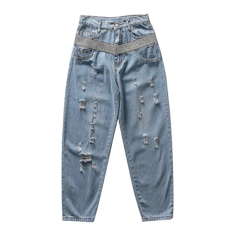 2019 новые весенне-летние модные брюки с высокой талией со стразами, блестящие рваные джинсы, свободные женские джинсовые брюки