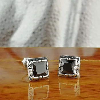 

925 Silver Jewelry Black Zircon Inlaid Vintage Punk Studs Earrings For Women Christmas Jewelry Boucles D Oreille Femme
