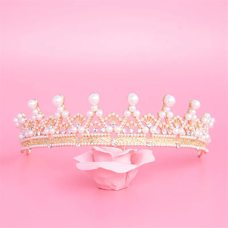 SLBRIDAL Bride Tiaras and Crowns Gold Color Hair Crown Full Pearl